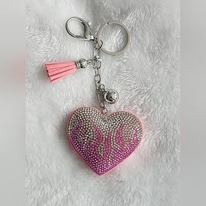 Pink and Silver Flaming Heart Rhinestone Keychain Bag Charm